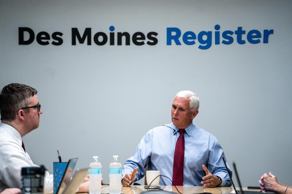 Former Vice President Mike Pence meets with the Des Moines Register editorial board at the Register office on Wednesday, May 24, 2023, in Des Moines.