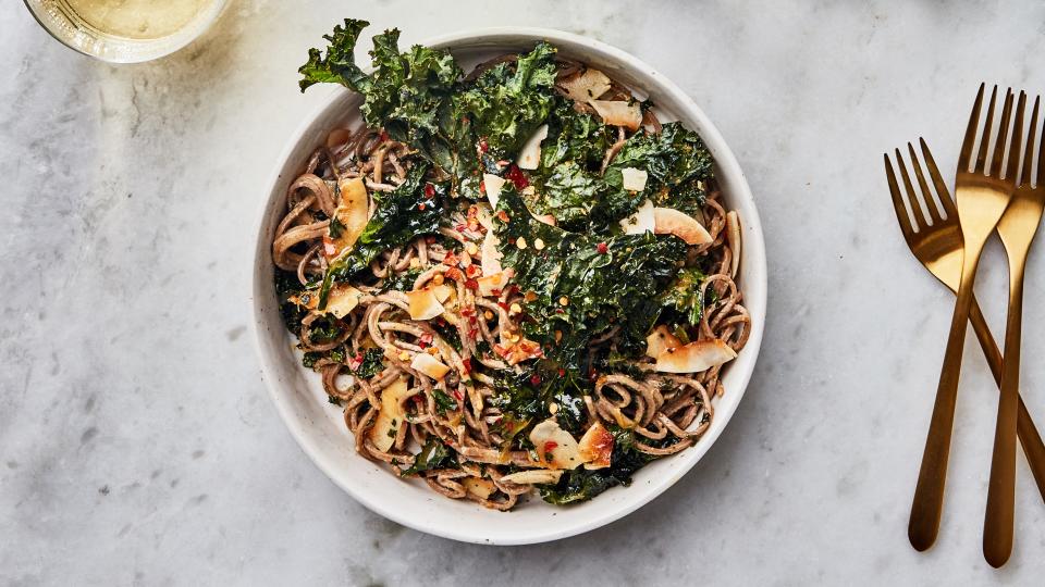 Soba noodles play nicely with creamy sauces and crispy leaves.