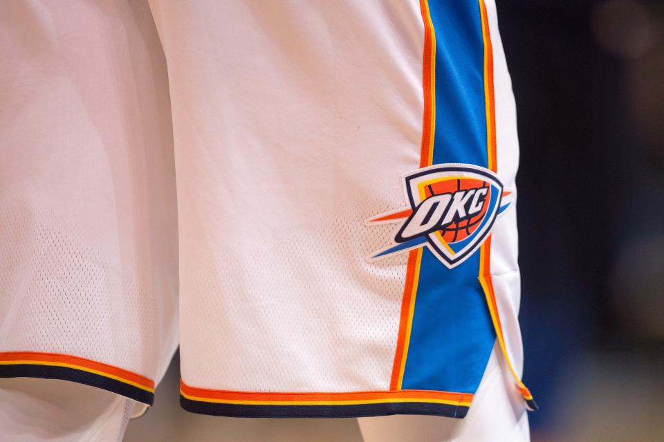 Nov 25, 2017; Dallas, TX, USA; A view of the Oklahoma City Thunder logo during the game between the Dallas Mavericks and the Thunder at the American Airlines Center. The Mavericks defeat the Thunder 97-81. Mandatory Credit: Jerome Miron-USA TODAY Sports