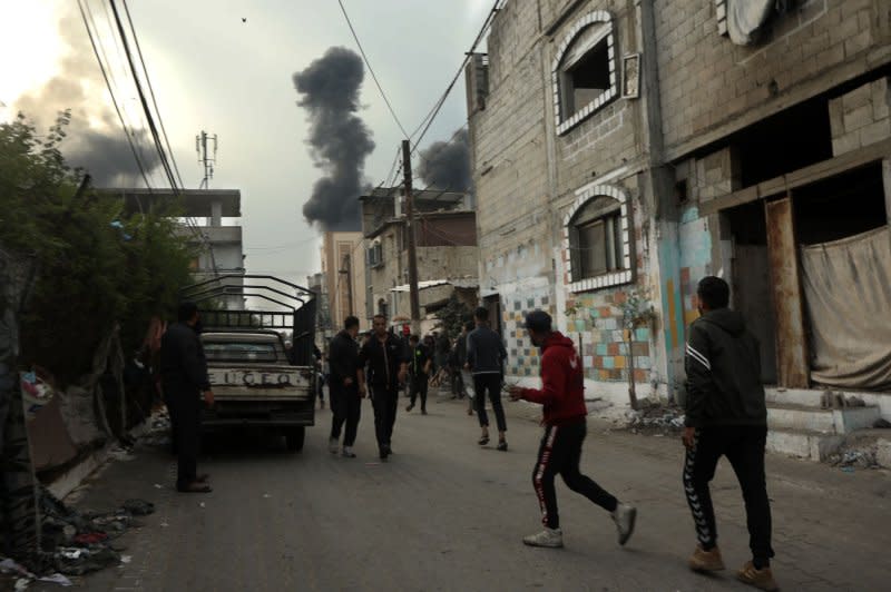 Smoke billows after an Israeli strike over Rafah in the southern Gaza Strip on Wednesday. On Wednesday, Maj. Gen. Yaron Finkelman, the Israel Defense Force head of the military's Southern Command, said the military engagement with Hamas militants is now entering a new phase. Photo by Ismael Mohamad/UPI