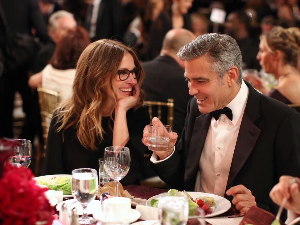 BEVERLY HILLS, CA - NOVEMBER 09: Actress Julia Roberts (L) and actor George Clooney attend the 2013 BAFTA LA Jaguar Britannia Awards presented by BBC America at The Beverly Hilton Hotel on November 9, 2013 in Beverly Hills, California. (Photo by Christopher Polk/BAFTA LA/Getty Images for BAFTA LA)