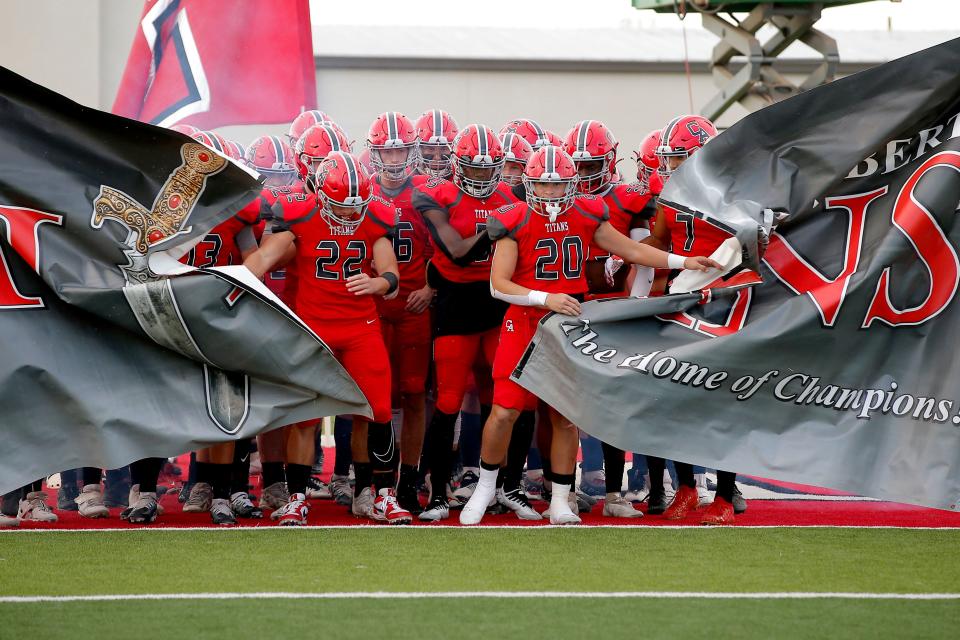 Carl Albert takes the field before a high school football game between Carl Albert and Midwest City at Carl Albert, Friday, Sept. 2, 2022.