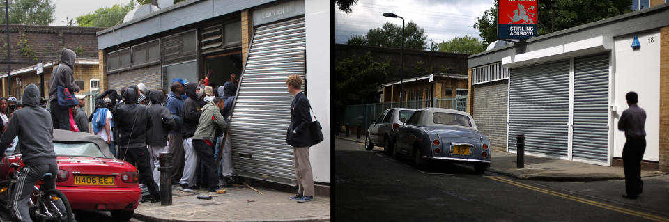 LONDON, ENGLAND - JULY 23: In this composite image (Left Photo) Youths loot a Carhartt store in Hackney on August 8, 2011 in London, England. (Right Photo) The repaired shopping outlet, one year on from the riots. August 6th marks the one year anniversary of the England riots, over the course of four days several London boroughs, and districts of cities and towns around England suffered widespread rioting, looting and arson as thousands took to the streets. (Peter Macdiarmid/Getty Images)