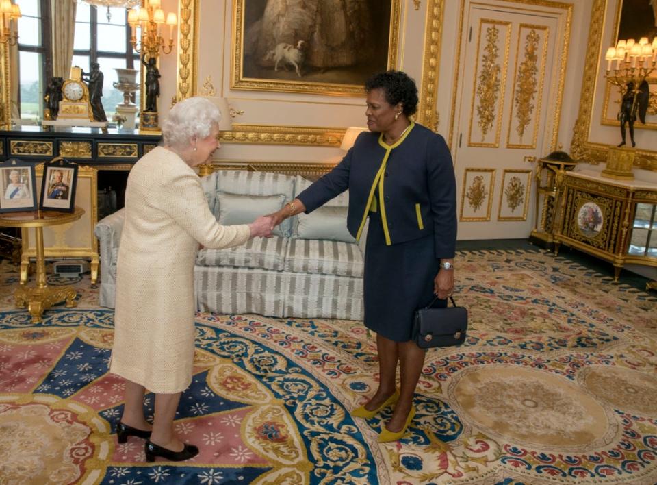 Queen Elizabeth II receives Governor-General of Barbados Dame Sandra Mason during a private audience at Buckingham Palace in 2018 (Getty)