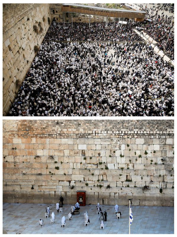 A combination picture shows Jewish worshippers taking part in the priestly blessing during the holiday of Passover at the Western Wall in Jerusalem's Old City