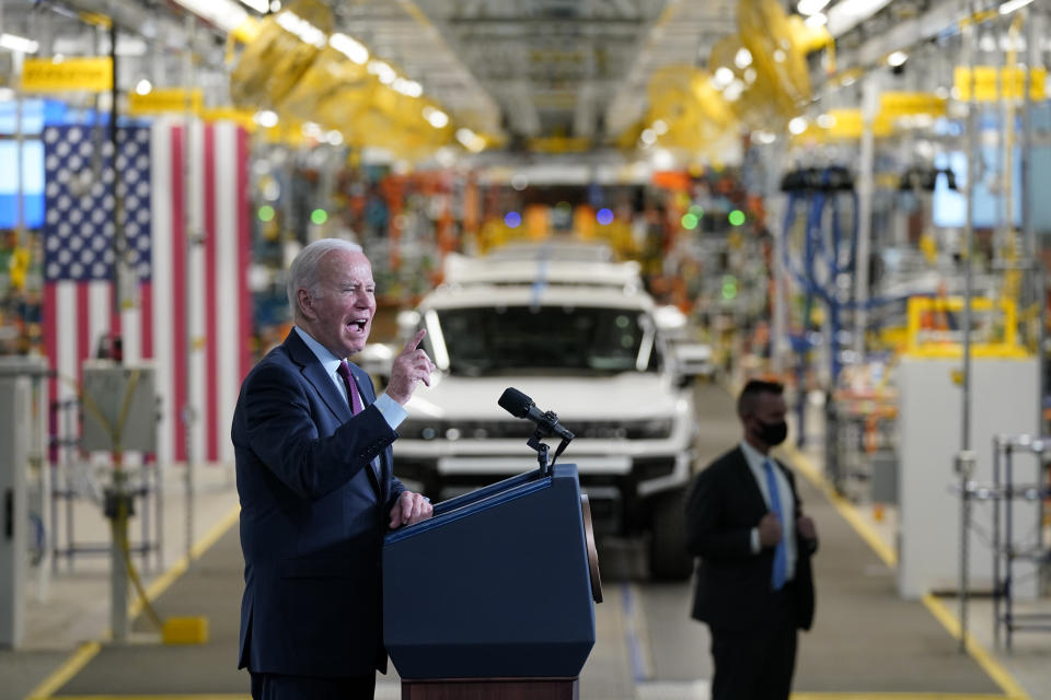 President Joe Biden speaks during a visit to the General Motors Factory ZERO electric vehicle assembly plant, Wednesday, Nov. 17, 2021, in Detroit. (AP Photo/Evan Vucci)