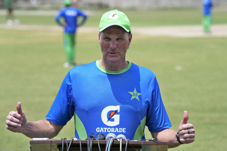 Pakistan's men cricket team head coach Grant Bradburn talks to reporters in Lahore, Pakistan, Wednesday, Aug. 16, 2023. (AP Photo/K.M. Chaudary)