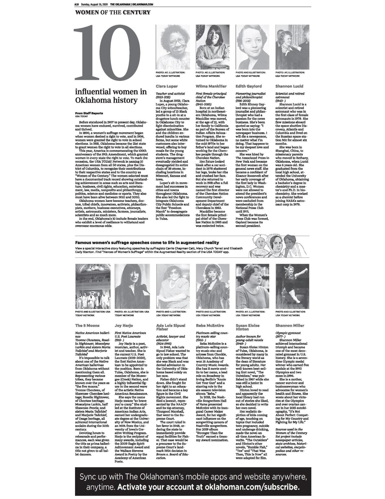 A page from The Oklahoman on Aug. 16, 2020, highlights 10 influential women of Oklahoma.