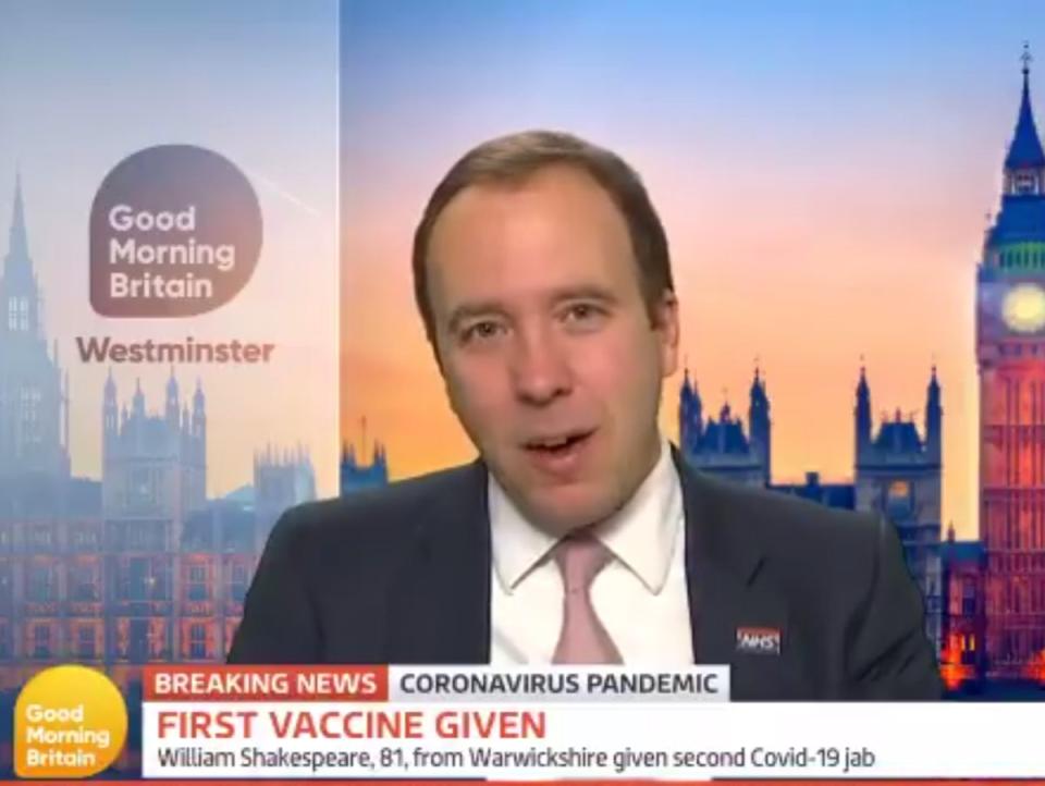 Screenshot of health secretary Matt Hancock appearing on ITV’s ‘Good Morning Britain’ on 8 December 2020 (ITV/Good Morning Britain)