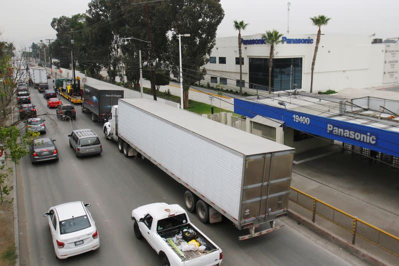 A general view shows the entrance to a Panasonic factory in Tijuana