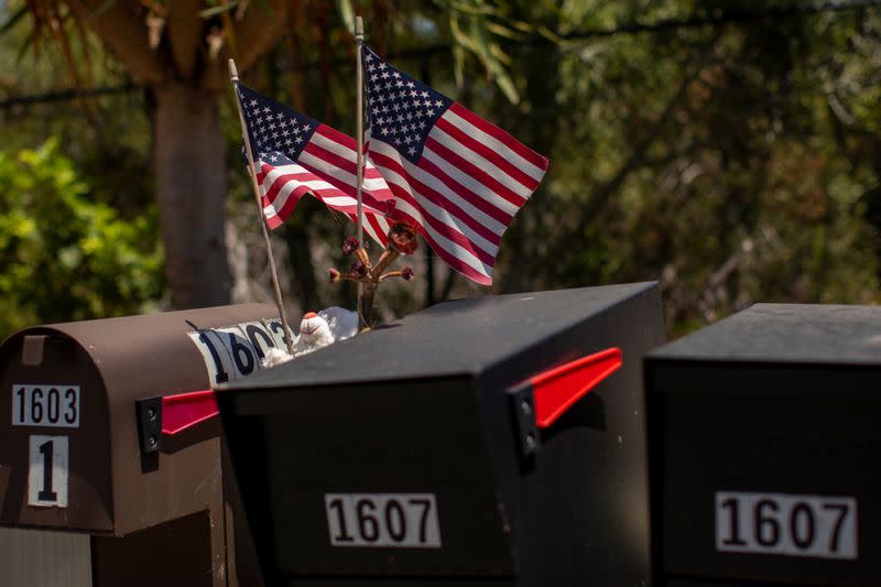 Residents decorate their U.S. postal mail boxes with U.S. flags during the outbreak of the coronavirus disease in California