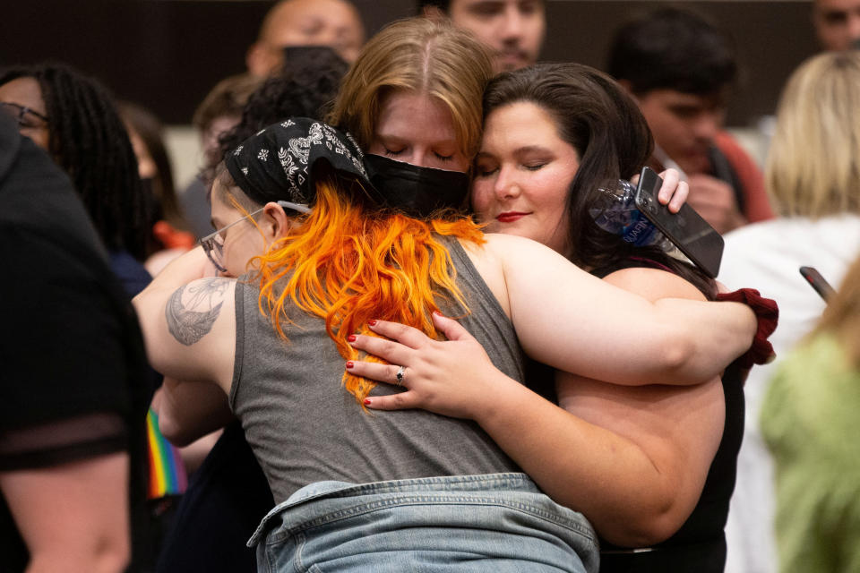 Abortion rights supporters in Overland Park, Kan., react to the news that voters had rejected a state constitutional amendment that would have declared there is no right to abortion on Aug. 2. 