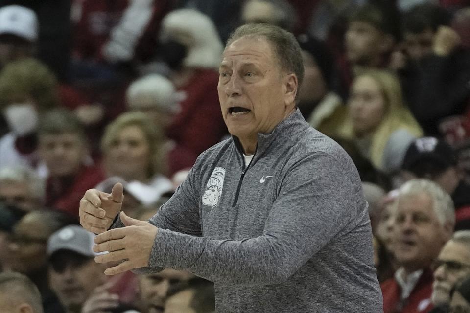 Michigan State head coach Tom Izzo reacts during the first half of an NCAA college basketball game Tuesday, Jan. 10, 2023, in Madison, Wis. (AP Photo/Morry Gash)