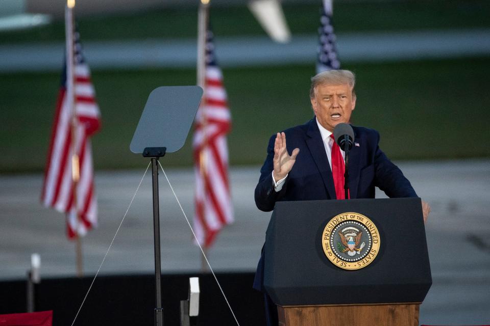 President Donald Trump speaks to his supporters during a rally at the MBS International Airport in Freeland, Thursday, Sept. 10, 2020.