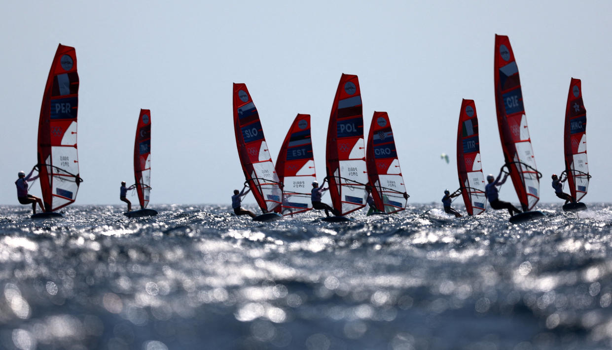 Paris 2024 Olympics - Sailing - , Marseille, France - July 30, 2024. A view of the Women's Windsurfing race at the Marseille Marina on July 30, 2024. (Andrew Boyers/Reuters)