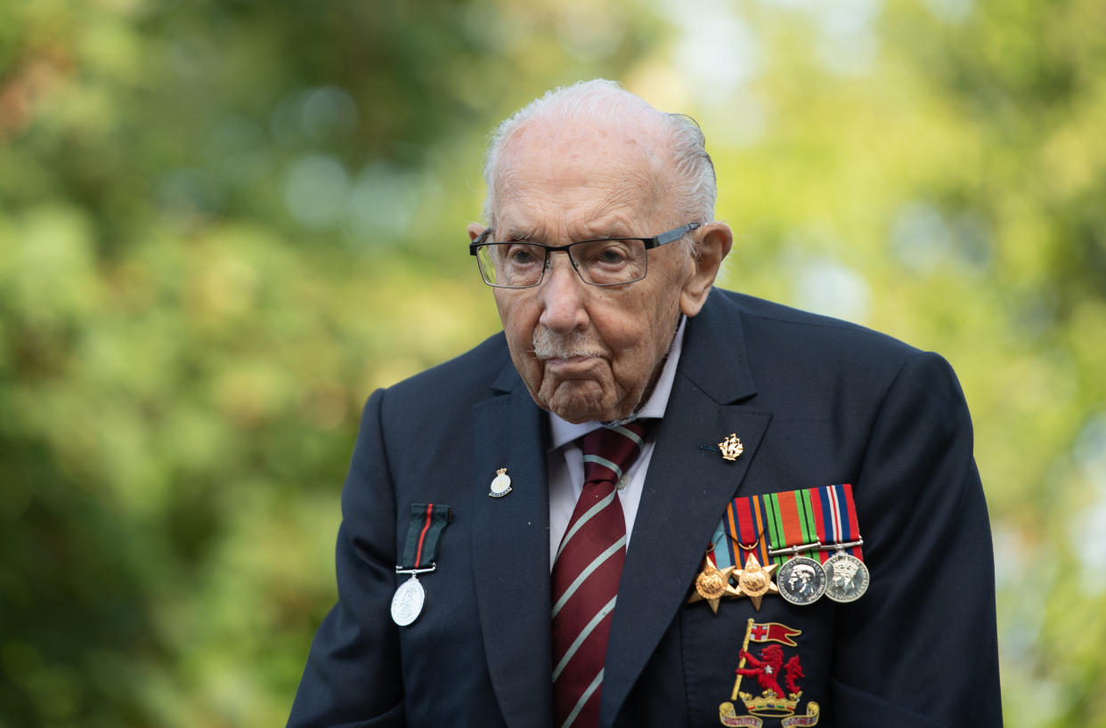 Captain Sir Tom Moore at his home in Marston Moretaine, Bedfordshire, on the publication day of his autobiography Tomorrow Will Be A Good Day. (Photo by Joe Giddens/PA Images via Getty Images)