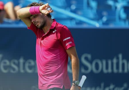 Aug 18, 2016; Mason, OH, USA; Stan Wawrinka (SUI) reacts against Grigor Dimitrov (BUL) on day six during the Western and Southern tennis tournament at Linder Family Tennis Center. Mandatory Credit: Aaron Doster-USA TODAY Sports