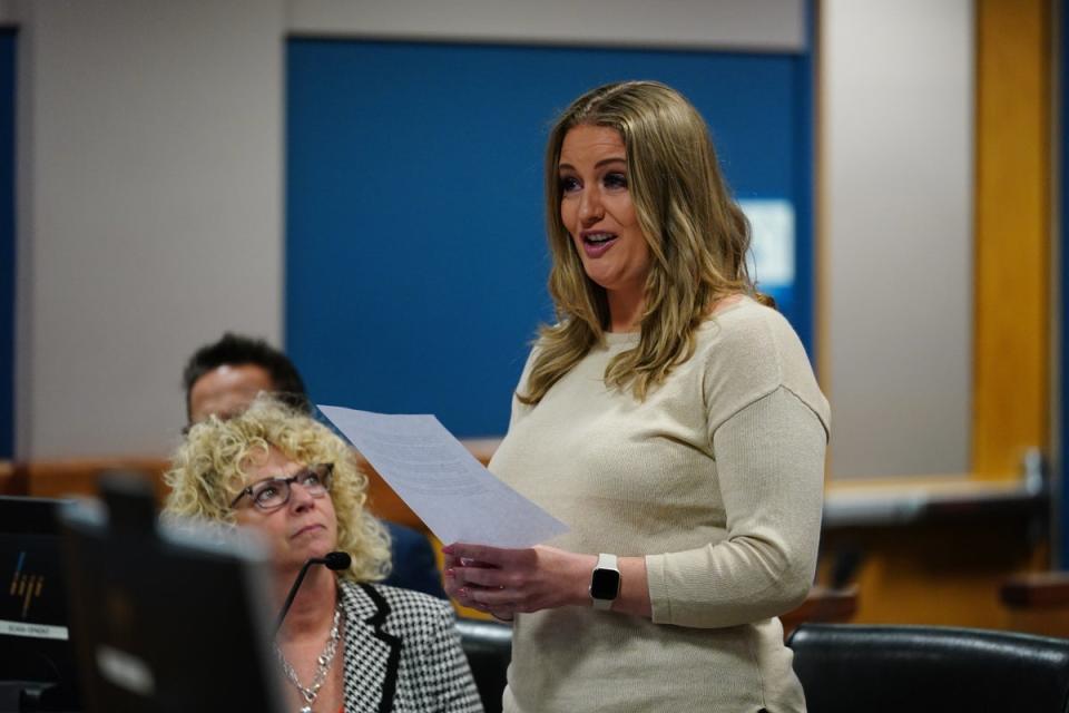 Jenna Ellis reads a statement after pleading guilty to a felony count of aiding and abetting false statements and writings on 24 October, 2023 in Atlanta, Georgia (Getty Images)