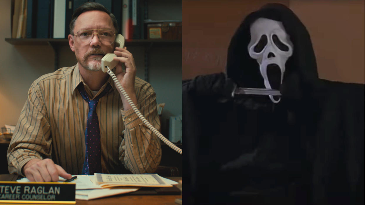  Matthew Lillard taking a phone call in Five Night's At Freddys and Ghostface wielding a knife in Scream, pictured side by side. 