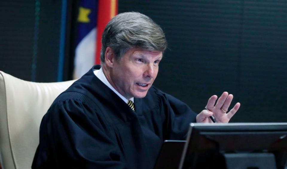 Lead judge Paul Ridgeway, Superior Court Judge for Wake County, talks during the first day of the gerrymandering trial challenging the North Carolina legislature district lines Monday, July 15, 2019. The trial is being held at Campbell University’s Law School in Raleigh, N.C.
