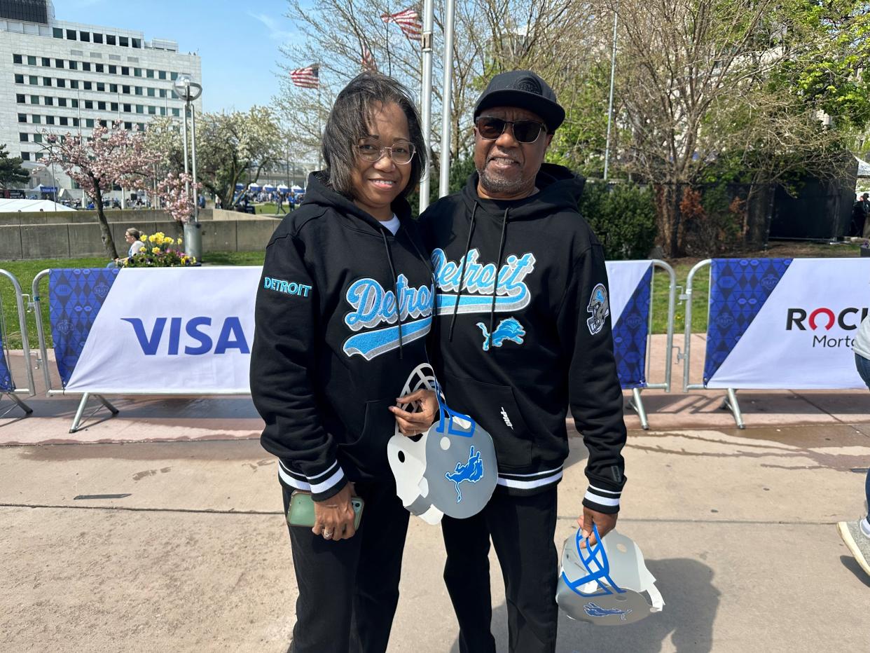 Marcella Trammer and Lucell Trammer stand in Hart Plaza at the NFL draft in downtown Detroit on Saturday, April 27, 2024.