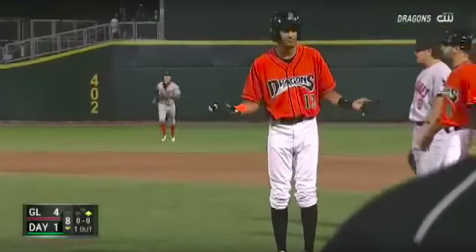 Reds prospect José Siri was not pleased about his eighth inning walk. (Screenshot via Chris Thompson on YouTube)