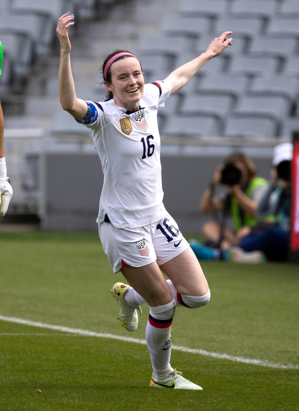 U.S. WNT midfielder Rose Lavelle (16) celebrates her first-half goal against New Zealand goalkeeper Erin Nayler (1) during an international friendly Jan. 21.