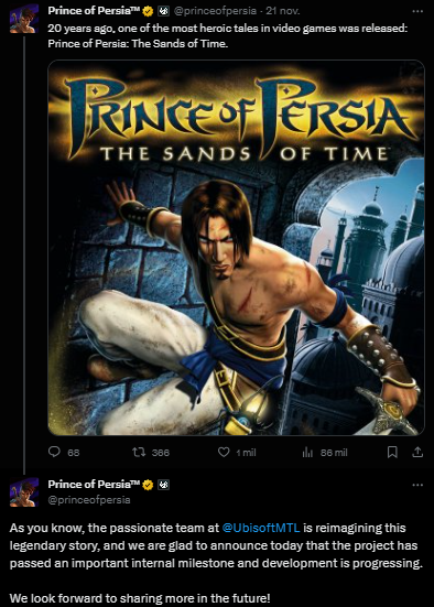 Esta es la publicación en la cuenta oficial de Prince of Persia