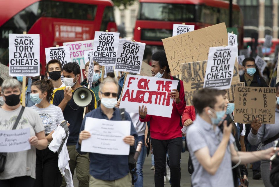 LONDON, ENGLAND - AUGUST 14: Sixth form students protest against the downgrading of A-level results on August 14, 2020 in London, England. (Photo by John Phillips/Getty Images)