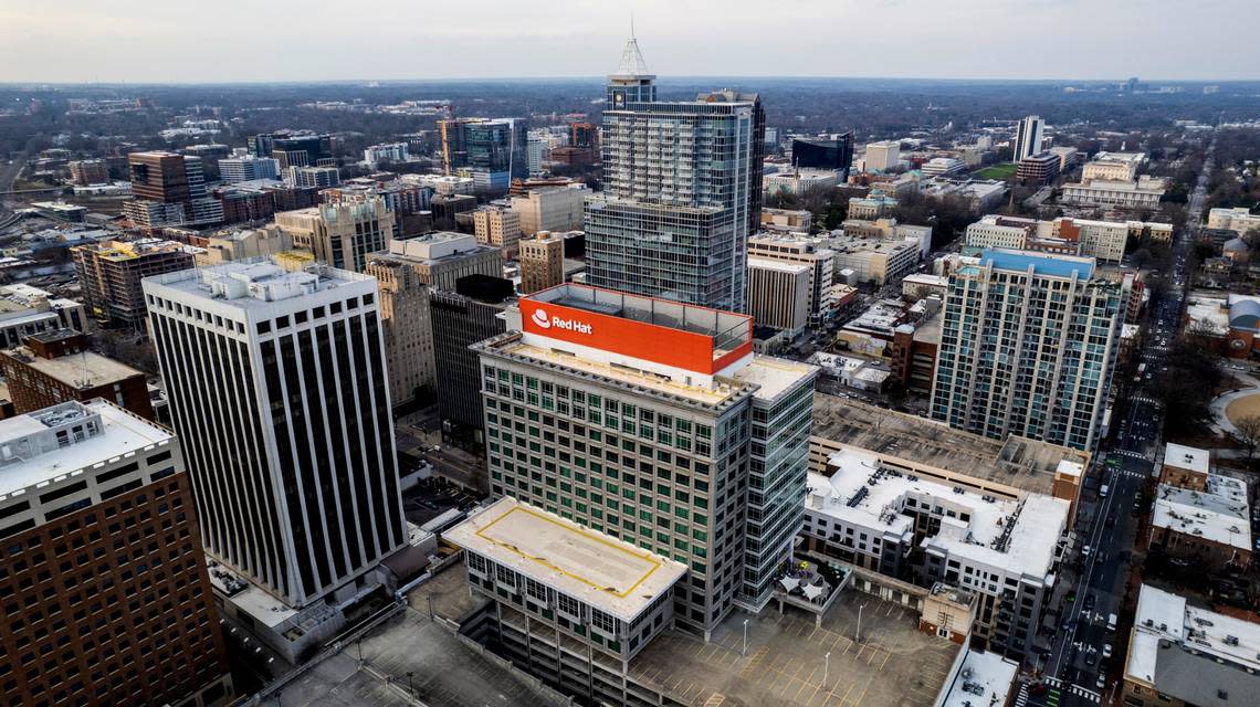An aerial view of the Red Hat building in downtown Raleigh Thursday, Feb. 16, 2023.