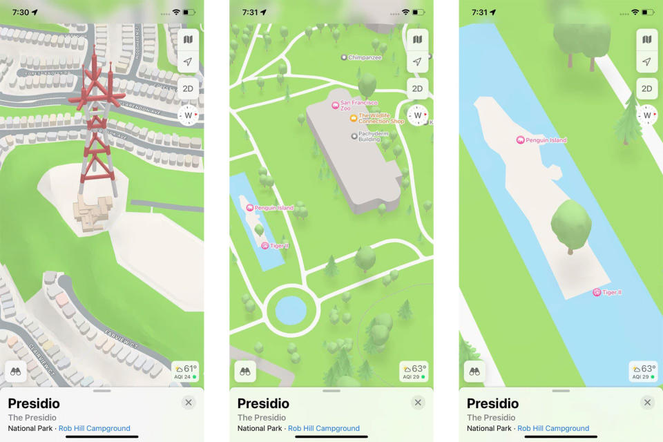 A composite of three screenshots from the Maps app in the iOS 15 beat showing 3D drawings from around San Francisco. Landmarks include the San Francisco Zoo and Penguin Island. 