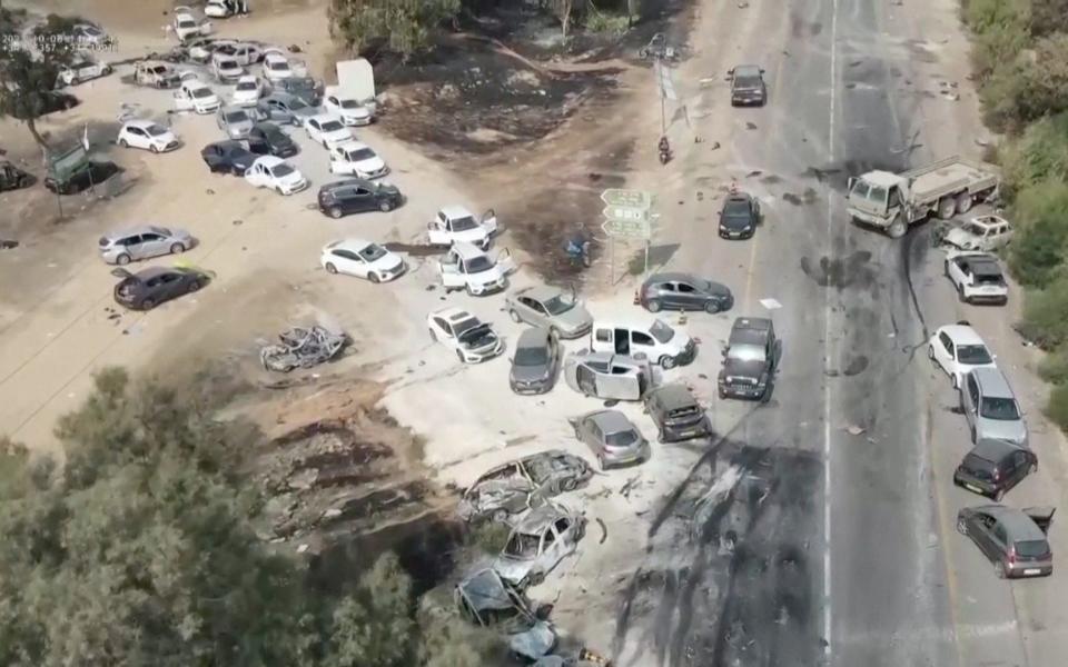 Drone footage of the aftermath of the Hamas attack on an Israeli rave