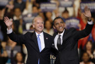 FILE - In this Oct. 29, 2008, file photo Vice presidential candidate Joe Biden, D-Del., left, and Democratic presidential candidate Sen. Barack Obama, D-Ill., right, wave during a rally at the Bank Atlantic Center in Sunrise, Fla. (AP Photo/Lynne Sladky, File)