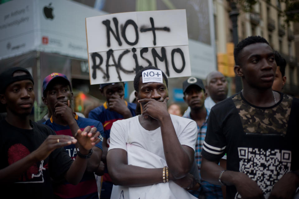 Demonstrators during a march against racism and police in Barcelona (Spain) on 11 August 2015. Several hundred people demonstrated in Barcelona against racism because of the death of a Senegalese citizen in Salou (coastal town several kilometres south Barcelona) during a police operation. (Photo by Jordi Boixareu/NurPhoto) (Photo by NurPhoto/NurPhoto via Getty Images)