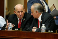 Rep. Louie Gohmert (R-TX) and Rep. Steve King (R-IA) speak before Deputy U.S. Attorney General Rod Rosenstein testifies to the House Judiciary Committee hearing on oversight of the Justice Department on Capitol Hill in Washington, U.S., December 13, 2017. REUTERS/Joshua Roberts