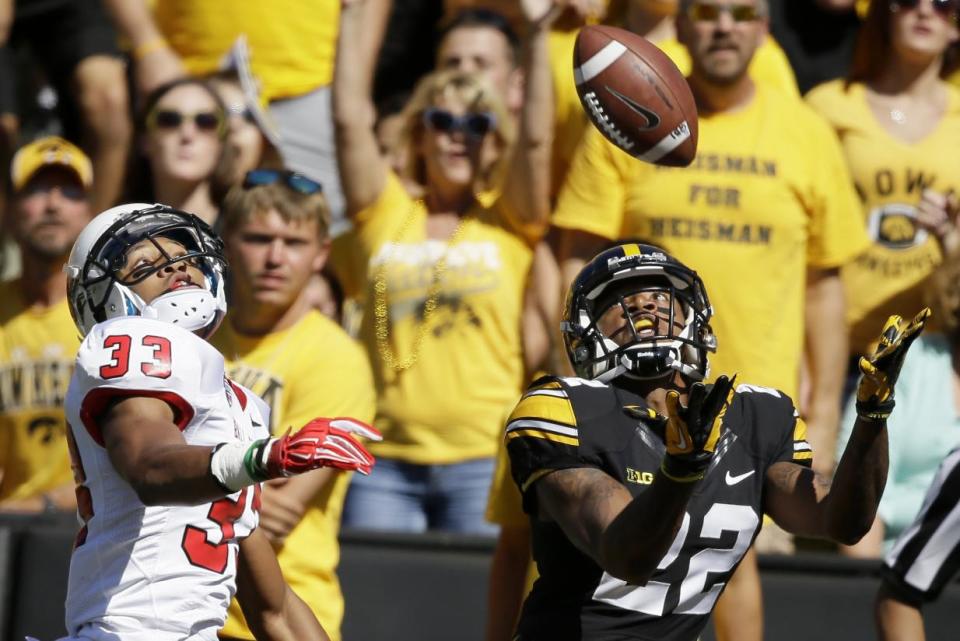 Iowa wide receiver Damond Powell, right, tries to catch a pass in the end zone in front of Ball State cornerback Tyree Holder (33) during the first half of an NCAA college football game, Saturday, Sept. 6, 2014, in Iowa City, Iowa. The pass was ruled incomplete. (AP Photo/Charlie Neibergall)
