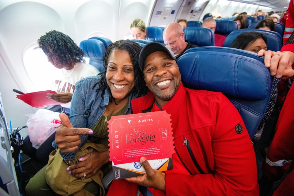 Delta Air Lines ane Virgin Voyages come together to give away a pair of tickets to each passenger on a flight to San Juan, Puerto Rico from Atlanta, Georgia at Hartsfield Jackson international Airport on Thursday February 29, 2024. (Chris Rank/ Rank Studios)