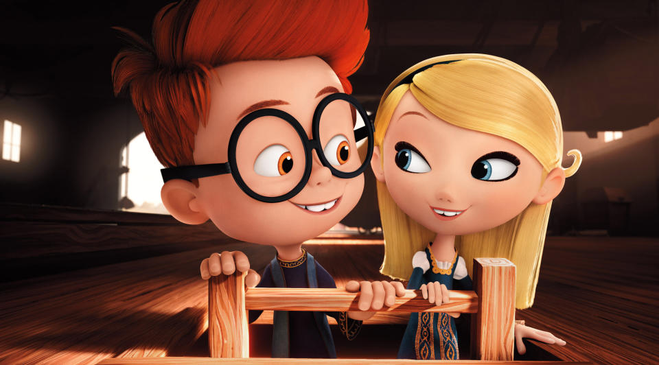 This image released by DreamWorks Animation shows Sherman, voiced by Max Charles, left, and Penny, voiced by Ariel Winter, in a scene from "Mr Peabody & Sherman." (AP Photo/ DreamWorks Animation)