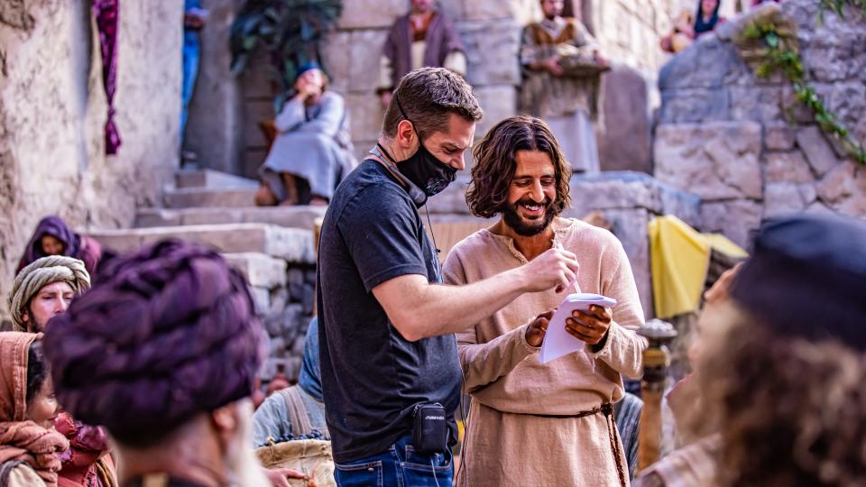 Creator and director Dallas Jenkins (left) with Jonathan  Roumie on the set of "The Chosen."