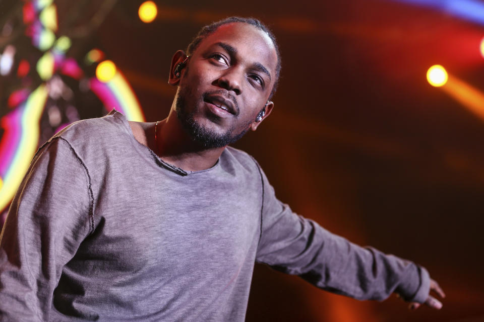 FILE - In this Dec. 4, 2015 file photo, Kendrick Lamar performs at Power 106's 'Cali Christmas' 2015 in Inglewood, Calif. Hip-hop has been an integral part of social and racial justice movements. Free speech advocates see the ongoing persecution of rappers as a proxy war primarily waged against Black and Latino people who are the early pioneers of the culture. In 2016, following the fatal police shootings of Philando Castile and Alton Sterling, rap music and protest were almost inextricably linked. It was rare then to attend a demonstration and not hear Kendrick Lamar’s 2015 song “Alright,” a celebration of triumph over adversity in the face of systemic oppression and injustice. (Photo by John Salangsang/Invision/AP, File)