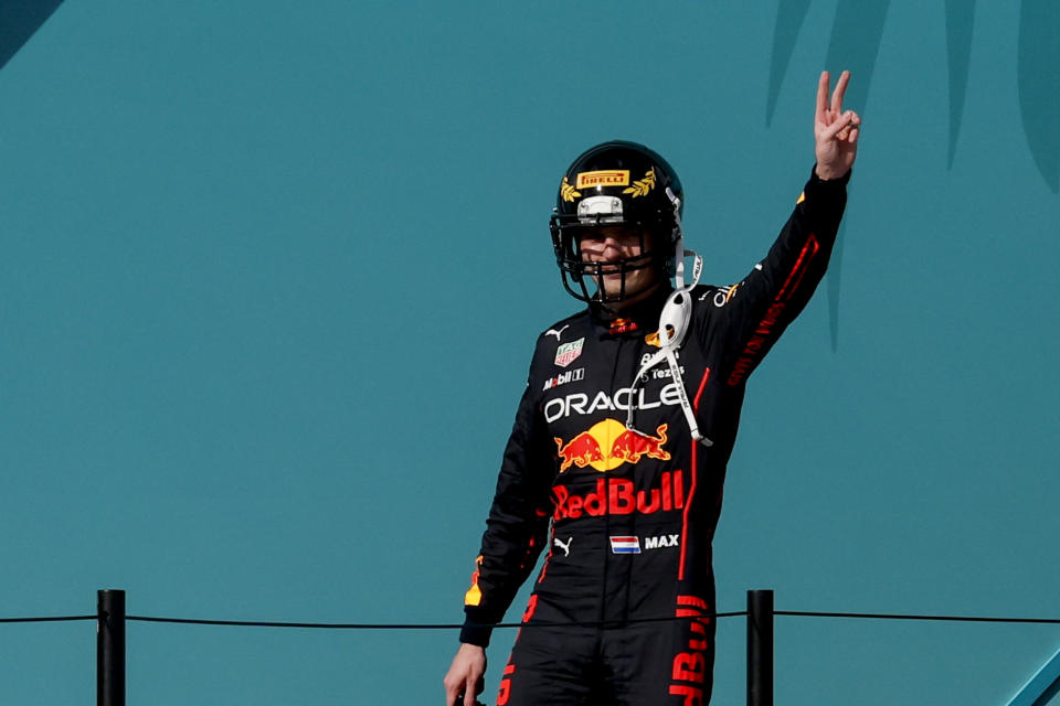 MIAMI GARDENS, FLORIDA - MAY 08: Belgian-Dutch driver Max Verstappen of Red Bull Racing celebrates as he arrives to the podium after winning the Formula 1 Grand Prix of Miami at the Miami International Autodrome on May 08, 2022 in Miami Gardens, Florida. (Photo by Eva Marie Uzcategui Trinkl/Anadolu Agency via Getty Images)