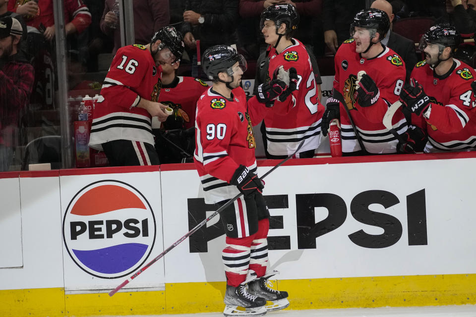 Chicago Blackhawks center Tyler Johnson (90) celebrates his goal against the Colorado Avalanche during the third period of an NHL hockey game Tuesday, Dec. 19, 2023, in Chicago. The Blackhawks won 3-2. (AP Photo/Erin Hooley)