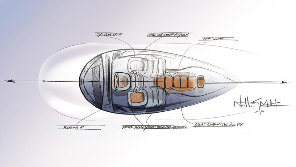 A sketch showing the diamond-shaped seating configuration planned for Hennessey’s all-electric hypercar. - Credit: Photo: Courtesy of Hennessey Performance.