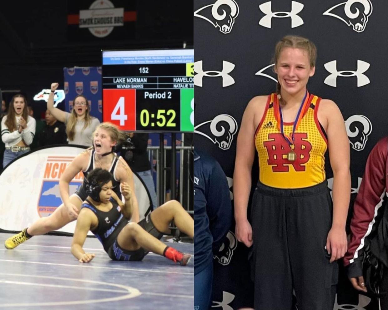 Havelock High School’s Natalie Titus (left) recently earned the 152 lb. state title and New Bern wrestler Faith Bane (right) was the lone New Bern wrestler this past season coming within one match of placing at the recent Girls State Invitational Wrestling Tournament.