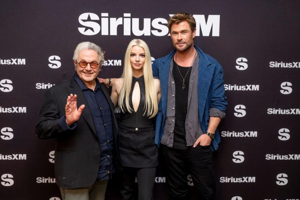 los angeles, california may 09 l r george miller, anya taylor joy and chris hemsworth appear on siriusxms the jess cagle show at sls hotel, a luxury collection hotel, beverly hills on may 09, 2024 in los angeles, california photo by emma mcintyregetty images for siriusxm