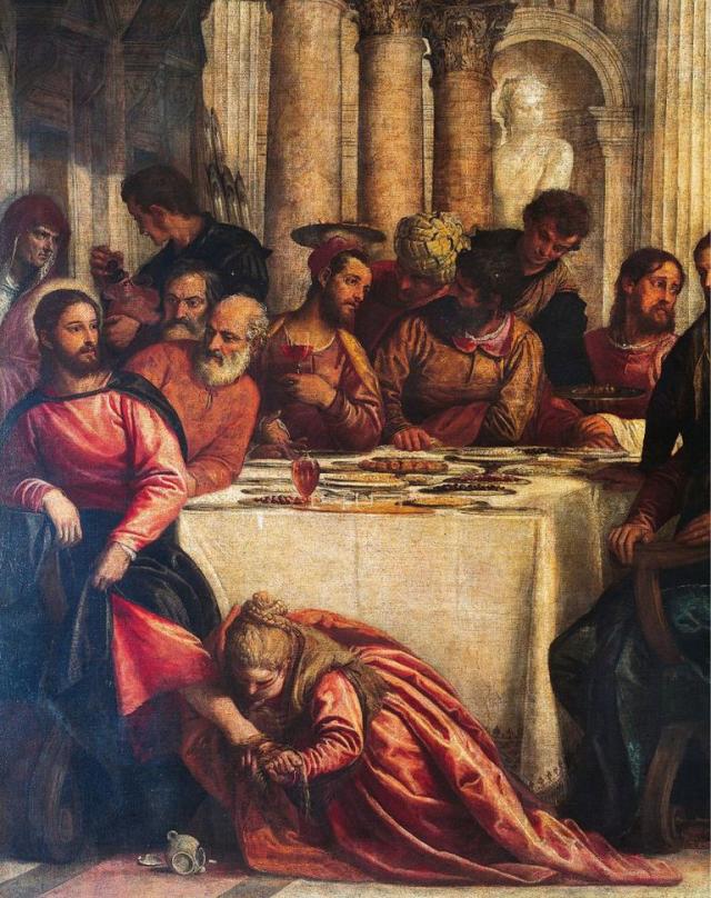 María Magdalena lavándole los pies a Jesús, detalle de &quot;Cena en casa del fariseo&quot;, 1570, de Paolo Caliari conocido como Veronese