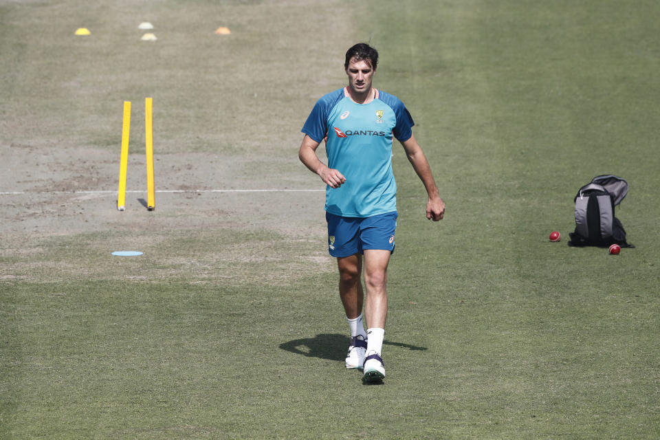 Pat Cummins, pictured here in action during an Australian team training session in Delhi.