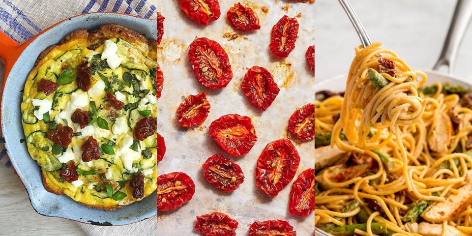 <p>Sun dried tomatoes are delicious all year long, but especially during summer! Perfect in <a href="https://www.delish.com/uk/cooking/recipes/a32434399/asparagus-sundried-tomato-and-chicken-spaghetti-recipe/" rel="nofollow noopener" target="_blank" data-ylk="slk:pasta;elm:context_link;itc:0;sec:content-canvas" class="link ">pasta</a>, <a href="https://www.delish.com/uk/cooking/recipes/a35921386/sun-dried-tomato-tortellini-soup-recipe/" rel="nofollow noopener" target="_blank" data-ylk="slk:soup;elm:context_link;itc:0;sec:content-canvas" class="link ">soup</a> and even <a href="https://www.delish.com/uk/cooking/recipes/a33976260/sun-dried-tomato-risotto/" rel="nofollow noopener" target="_blank" data-ylk="slk:risotto;elm:context_link;itc:0;sec:content-canvas" class="link ">risotto</a>, we can't get enough of them. Which is why we've rounded up our favourite (best-ever) sun-dried tomato recipes, and we're convinced you're going to love 'em! What's more, we've even got a recipe for <a href="https://www.delish.com/uk/cooking/recipes/a33070295/sun-dried-tomatoes-recipe/" rel="nofollow noopener" target="_blank" data-ylk="slk:how to make sun-dried tomatoes;elm:context_link;itc:0;sec:content-canvas" class="link ">how to make sun-dried tomatoes</a>, from scratch (you're welcome). For a selection of easy sun-dried tomato recipes, keep reading...</p>