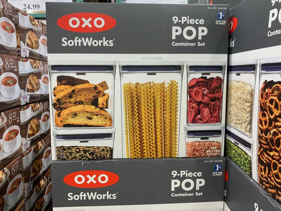 gray and white box of OXO softwork containers at costco