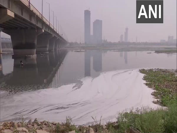 A thin layer of toxic foam was seen floating in the Yamuna river at Kalindi Kunj. (Photo/ANI)